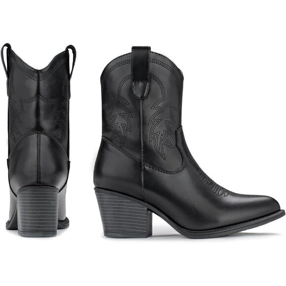 Western Boots Mid Calf Boots Short Chunky Classic Black Faux Leather For Women - Picture 7 of 9